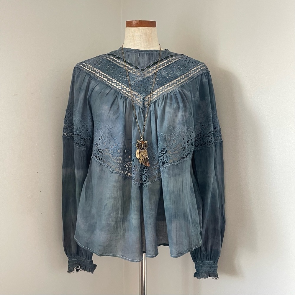 Grunge girly Free People Victorian Abigail hand dyed blue top Small EUC